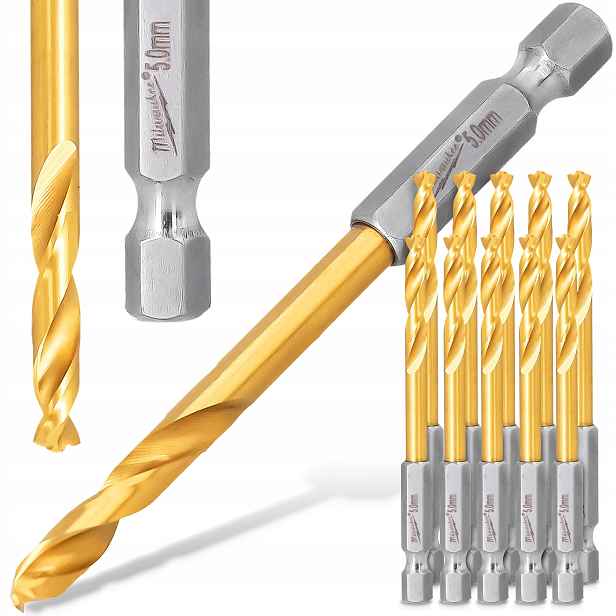 10 x Kovové Vrtáky 5 mm Milwaukee Hss-g Titanové úderové Hex oceli