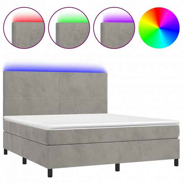 vidaXL Box spring postel s matrací a LED světle šedá 160x200 cm samet
