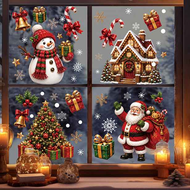 TEMU 4 vánočních statických samolepek: Santa Claus a sob - Dekorace na sváteční párty