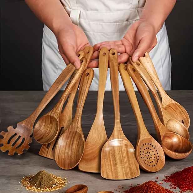 TEMU Dřevěná kuchyňská sada 10 (1150 gramů) /6/4 kusy, vyrobená z přírodního týkového dřeva, ergonomické rukojeti, povrch nepučivý, elegantní