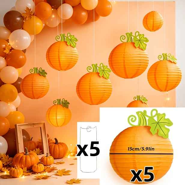 TEMU Dýňové papírové lucerny, sada 5 luceren + 5 stojanů, dýňové papírové lucerny, závěsné dýňové papírové lucerny, závěsné dýňové lucerny pro
