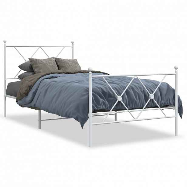 vidaXL Kovový rám postele s hlavovým a nožním čelem bílý 90 x 200 cm