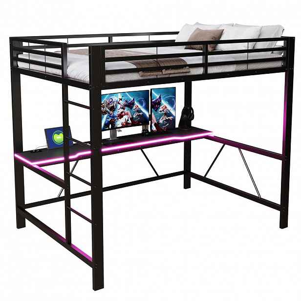 CHICFURN VYVÝŠENÁ POSTEL 140/200 cm v černé barvě s LED osvětlením a psacím stolem