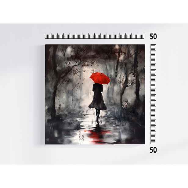 Obraz Na Plátně Canvas Žena Procházka Park Déšť Červený Deštník 50x50