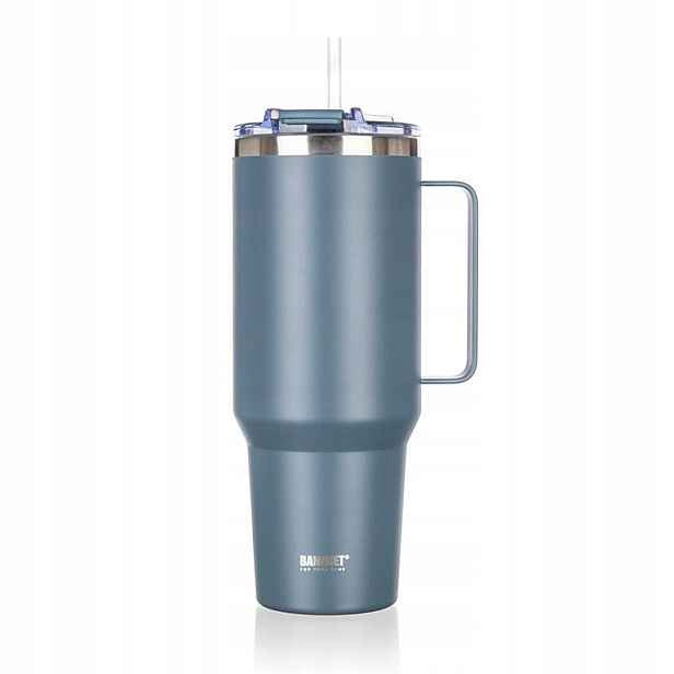 Ocelový Termohrnek Termos 1200 Ml S Rukojetí A Slámkou Banquet Twain Šedý