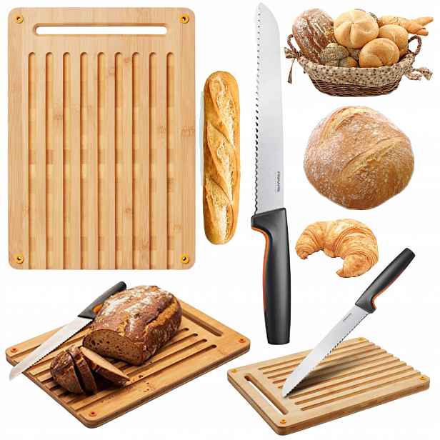 Komplet Do Kuchyně Fiskars Nůž Na Chléb Bambusové Prkénko Na Krájení, Silné