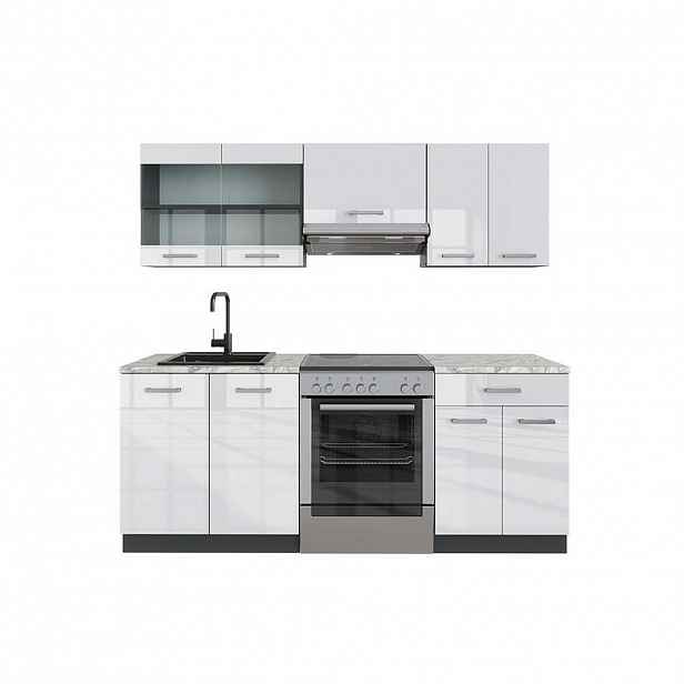 Vicco KUCHYŇSKÝ KOUT R-Line Bílý vysoký lesk/antracit 200 cm , PD Mramor