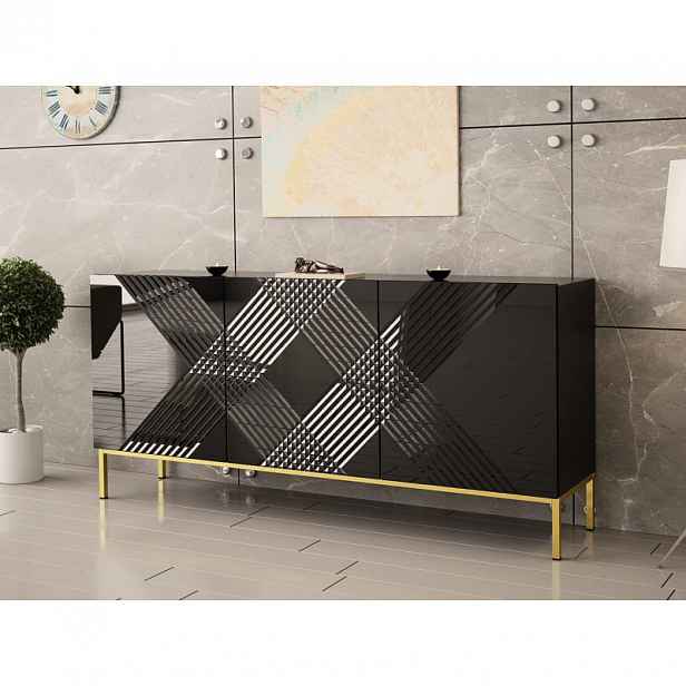 Designová komoda s dvířky HUNE - černá / lesklá černá