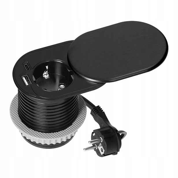 Nábytková zásuvka Ø6 cm, 1,9 m, 1x2P+Z (Schuko), 2xUSB (typ A+c; PD20W), černá