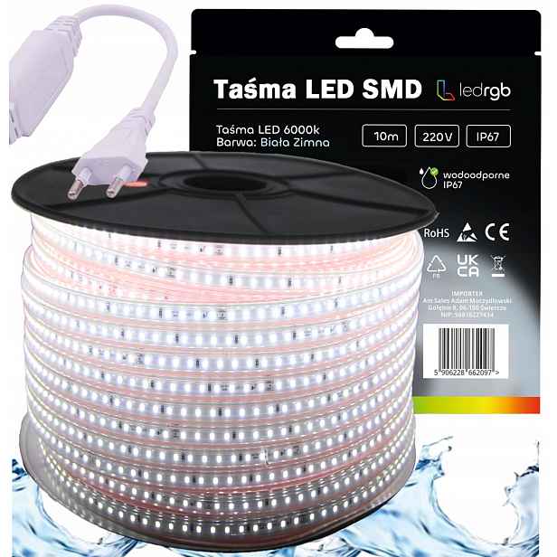 Set Led pásek Smd 220V 230V 10m 6000K Bílý Studený Napájecí Zdroj IP67 120/m