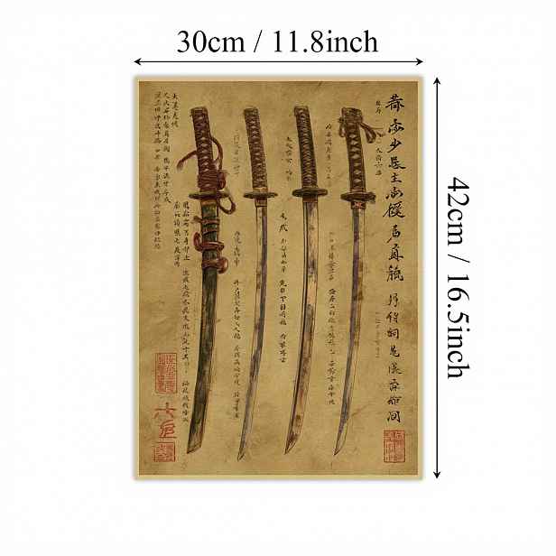TEMU 2D plochý, 2D plochý, 1 ks plakátu z kraftového papíru s samurajského meče, nástěnné umění, historická . Tento bojovný duch je precizně navržený