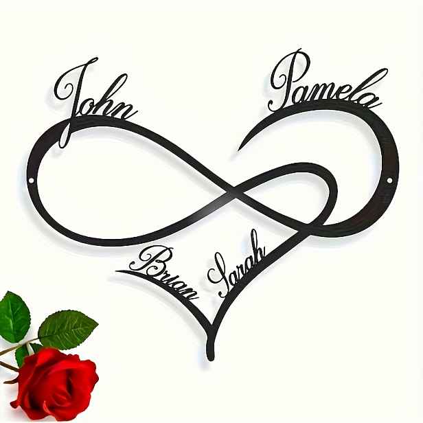 TEMU 1 ks Kovová cedule s nekonečného srdce s příjmením na míru - Personalizovaný symbol nekonečna s jmény "John", "Pamela", "" - Elegantní kurzívní