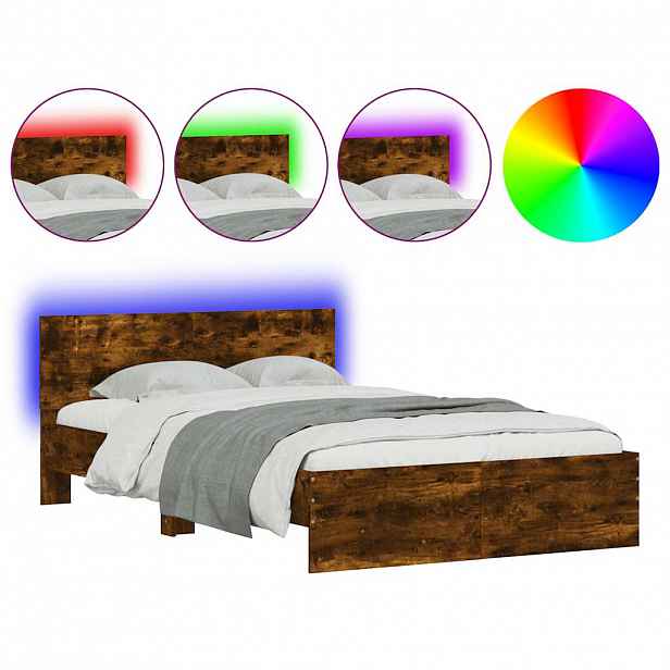 vidaXL Rám postele s čelem a LED osvětlením kouřový dub 120 x 190 cm