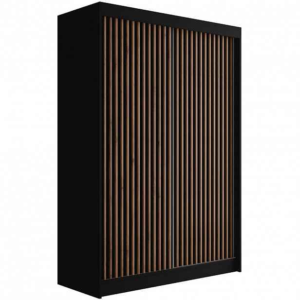 ALTDECOR ŠATNÍ SKŘÍŇ s lamelovými posuvnými dveřmi VILANv2 – 120 cm černá + lamely dub wotan