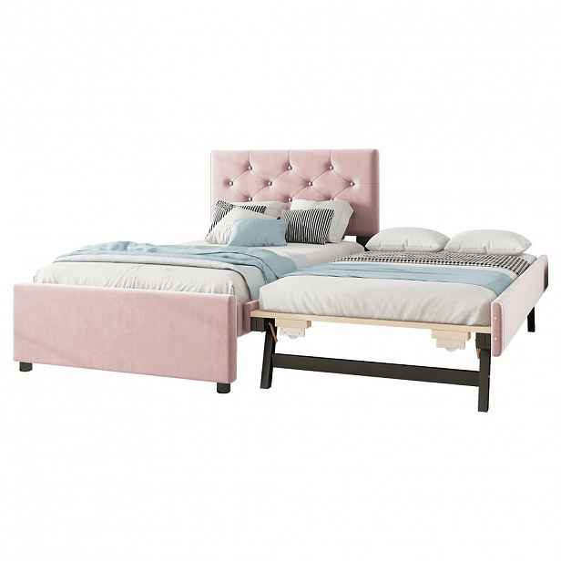 CHICFURN ČALOUNĚNÁ POSTEL 90/200 cm v růžové barvě s výsuvným lůžkem ze sametu