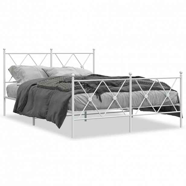 vidaXL Kovový rám postele s hlavovým a nožním čelem bílý 137 x 190 cm