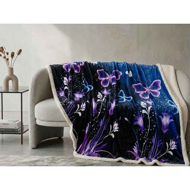 Mikroplyšová beránková deka VIOLET BUTTERFLY tmavě modrá Rozměr: 200 x 220 cm