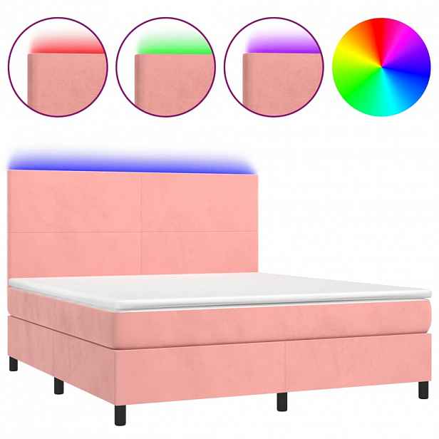vidaXL Box spring postel s matrací a LED růžová 180x200 cm samet