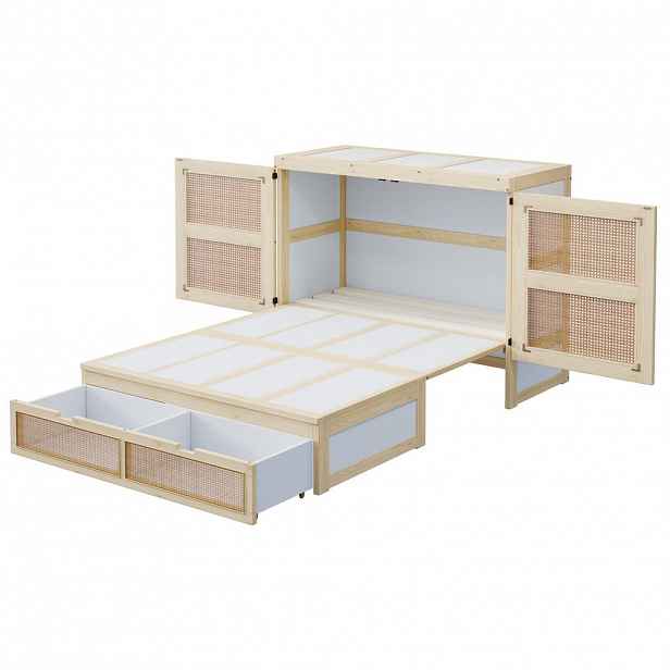 CHICFURN SKLÁPĚCÍ POSTEL 140/200 cm v přírodní barvě se zásuvkami a ratanovým vzhledem