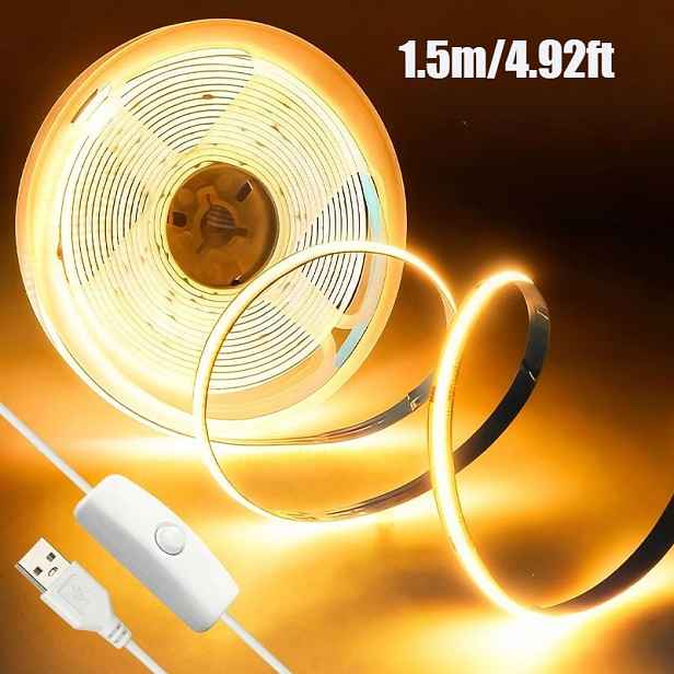 TEMU 0,5M-4,5M USB LED COB světelný pásek s ovládáním tlačítkem, teplá bílá, studená bílá, flexibilní ohebný design, pro snadnou instalaci, jemný