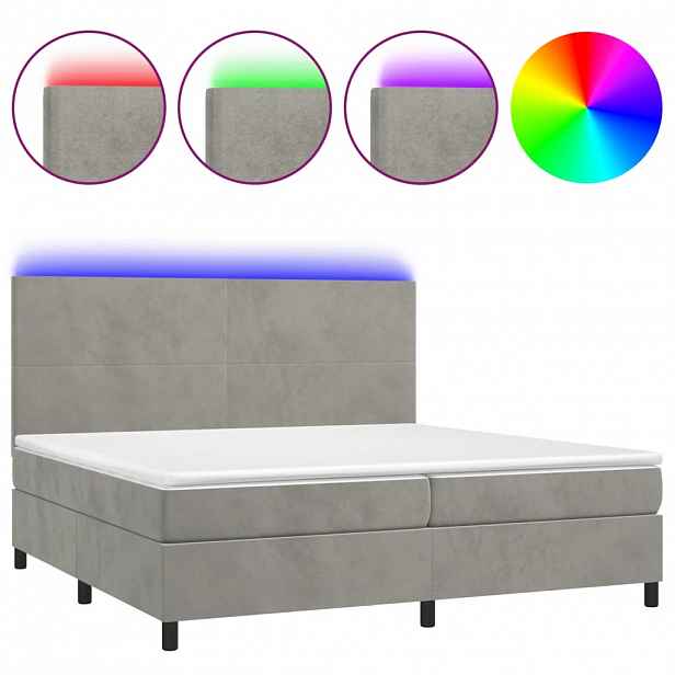 vidaXL Box spring postel s matrací a LED světle šedá 200x200 cm samet