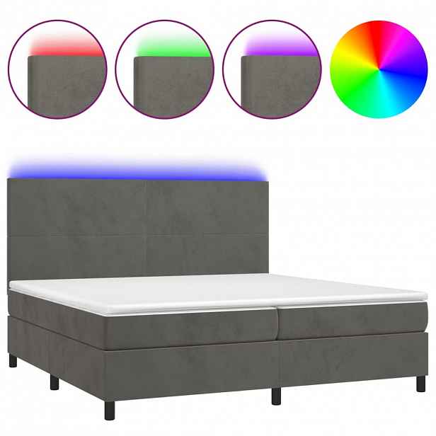 vidaXL Box spring postel s matrací a LED tmavě šedá 200x200 cm samet