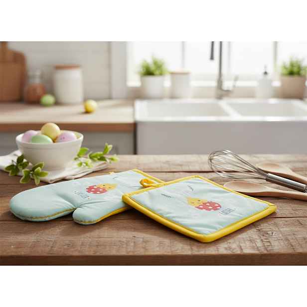 Kuchyňský SET rukavice/chňapka HAPPY EASTER žlutá 18x30 cm/20X20 cm , 100% bavlna