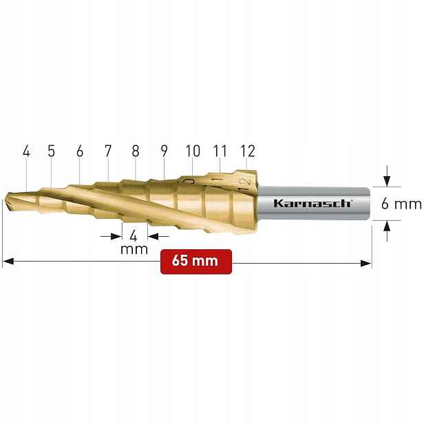 Vrták Hss-xe s TiN povlakem, spirálový, 3 čepele – 4-12 mm