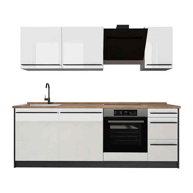 Vicco KUCHYŇSKÝ KOUT R-Line, Bílá vysoký lesk/Antracit, 220 cm pracovná doska Dub Goldkraft