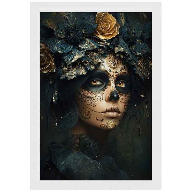 Plakát Rámeček Dřevo Dia De Los Muertos Catrina Zlaté Růže Art 40x60