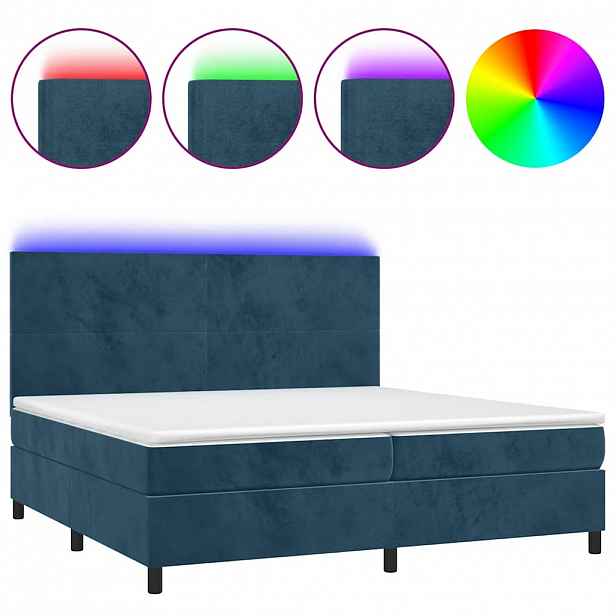 vidaXL Box spring postel s matrací a LED tmavě modrá 200x200 cm samet