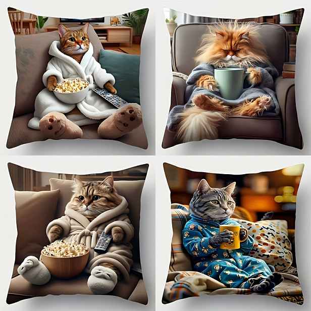 TEMU 4 ks Roztomilé povlaky na polštáře s potiskem koček | 18x18 palců Polyester, zapínání na zip, jednostranný design, ruční praní, moderní styl do