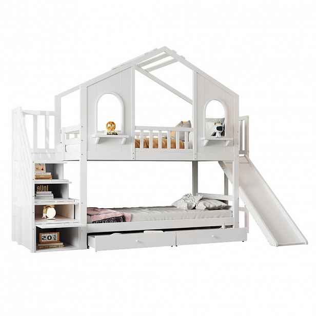 CHICFURN DĚTSKÁ PATROVÁ POSTEL 90/200 cm v bílé barvě se skluzavkou a úložným prostorem
