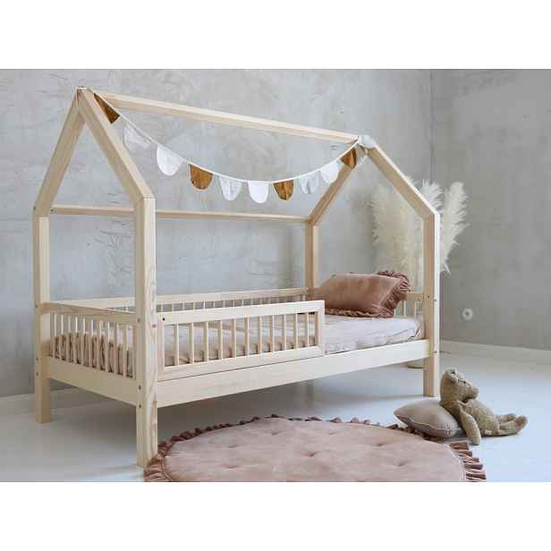 ELIS DESIGN Domečková postel s plůtkem natur/bílá - na nožkách 19 cm barva: přírodní bez laku, rozměr lůžka: 90 x 190 cm