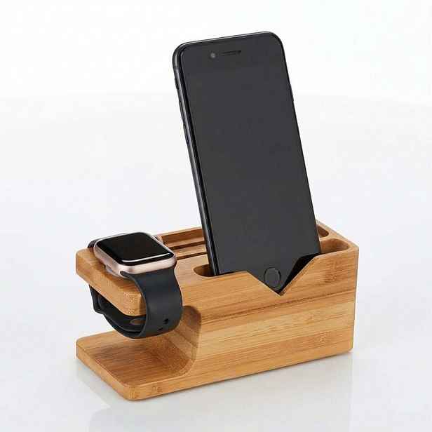 Relaxdays NABÍJEČKA přírodní bambus pro smartphone a chytré hodinky 6x14x6,5 cm