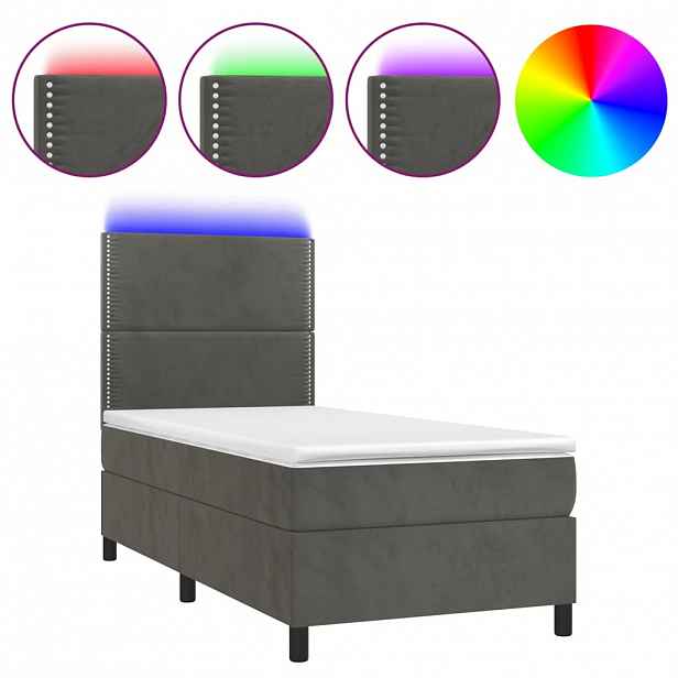 vidaXL Box spring postel s matrací a LED tmavě šedá 90x190 cm samet