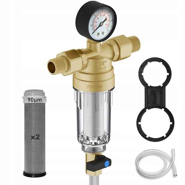 Ferdom FD180 Filtr na vodu s náhradní síťkou 90u, manometr, 1/2"-3/4"