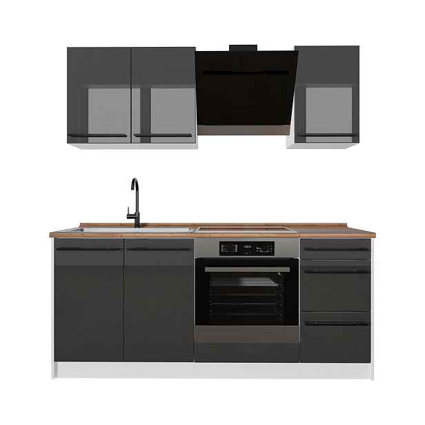 Vicco JEDNOTKOVÁ KUCHYNĚ R-Line, Antracitový vysoký lesk/Bílá, 180 cm pracovná doska Dub Goldkraft