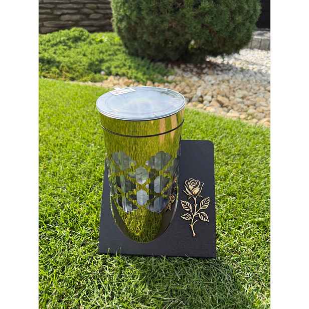Hřbitovní Svíčka zlatá s růží – elegantní náhrobní lampion 24 x 18 cm