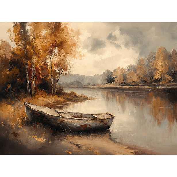 Obraz Na Plátně Canvas Podzimní Krajina Loďka Řeka Zlatá Podzim 80 x 60