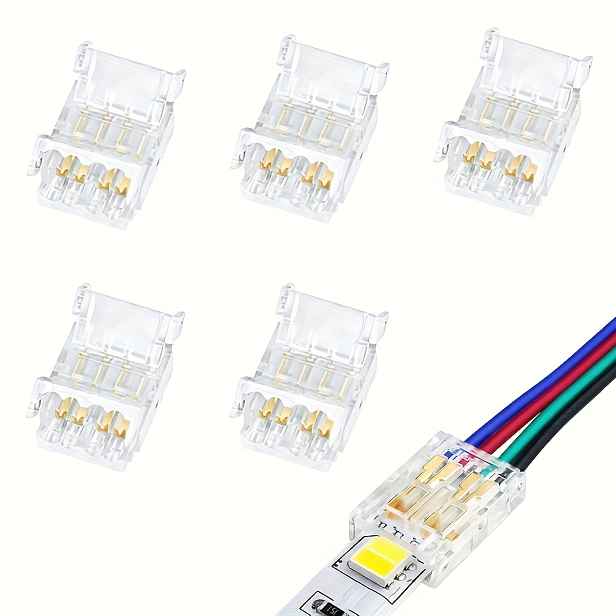 TEMU Sada 5 RGB LED konektorů, 4-pin, 10 mm, transparentní bezpájecí páskové konektory na dráty, určené pro LED pásky vodiči, zajišťující žádné tmavé