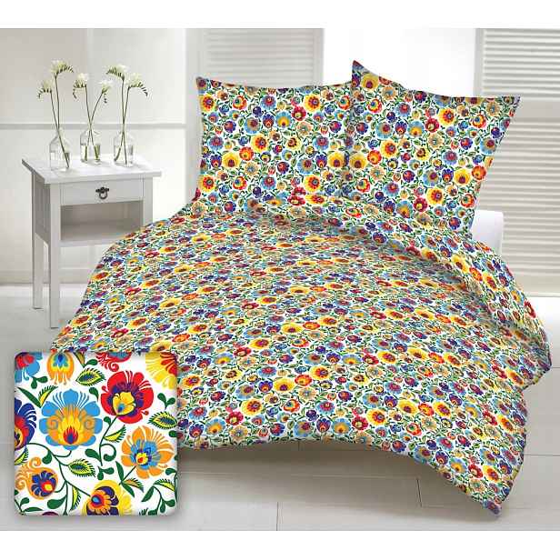 Krepové povlečení 160x200 bílá folk lovecké květiny barevné na knoflíky Kůra