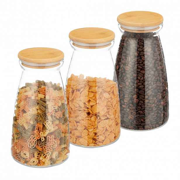 Relaxdays SKLENICE Průhledná Přírodní 3ks-sada sklo bambusové víko vzduchotěsné 1400 ml