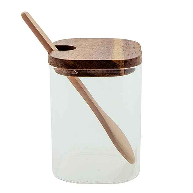 Skleněná dóza/ cukřenka s dřevěným víčkem a lžičkou - 6*6*8 cm / 190 ml Clayre & Eef