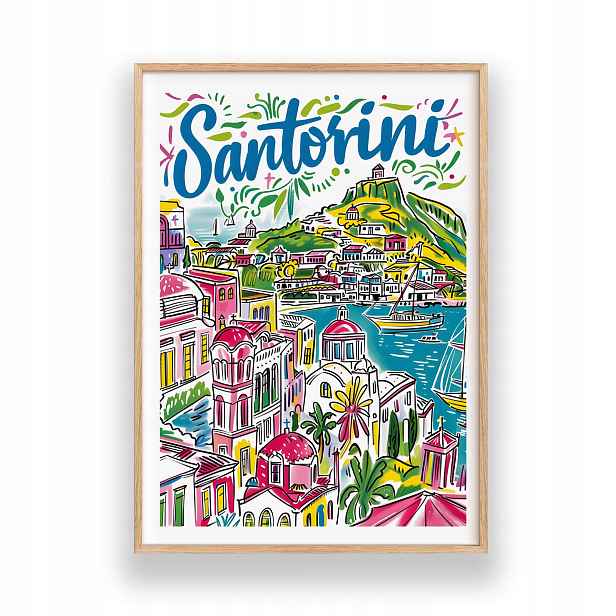 Obraz Santorini A3 Plakát Nástěnná Dekorace Rámeček Dřevěný 30x42 cm