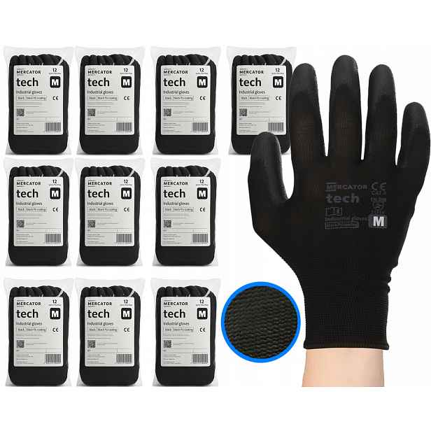 Pracovní Rukavice Mercator Přiléhavé Tech Black+Black Poliur r.M 120 párů
