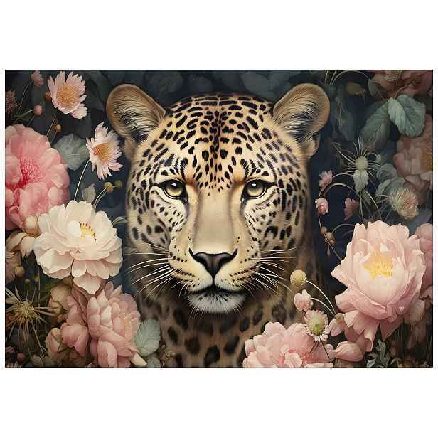 Fototapeta Růžový leopard v pastelových barvách s květinami 208x146 lepidlo