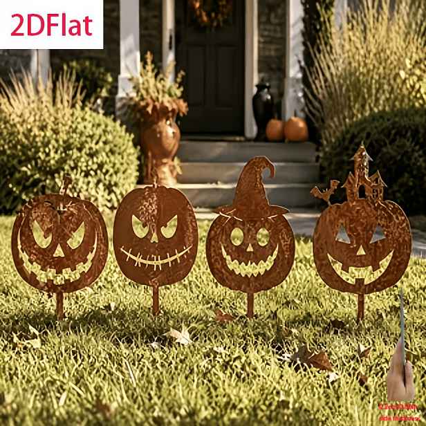 TEMU [2D Ploché] Sada 4 ks zahradních kolíků s rezavou dýní, halloweenské dekorace na dvorek, venkovní siluetové kolíky na trávník