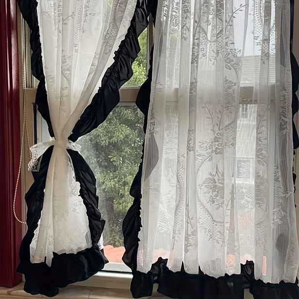 TEMU 1 ks Francouzský styl Vintage Černá Krajka s Volánky Závěs do Ložnice, Obýváku a Kuchyně, Luxusní Průsvitný Závěs Vhodný do Obýváku, Ložnice a