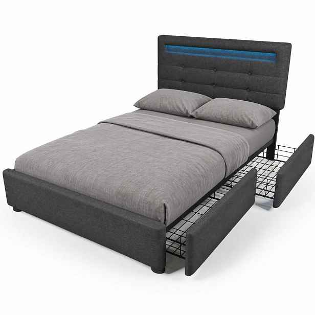 CHICFURN ČALOUNĚNÁ POSTEL 90/200 cm v šedé barvě s LED osvětlením a 2 zásuvkami